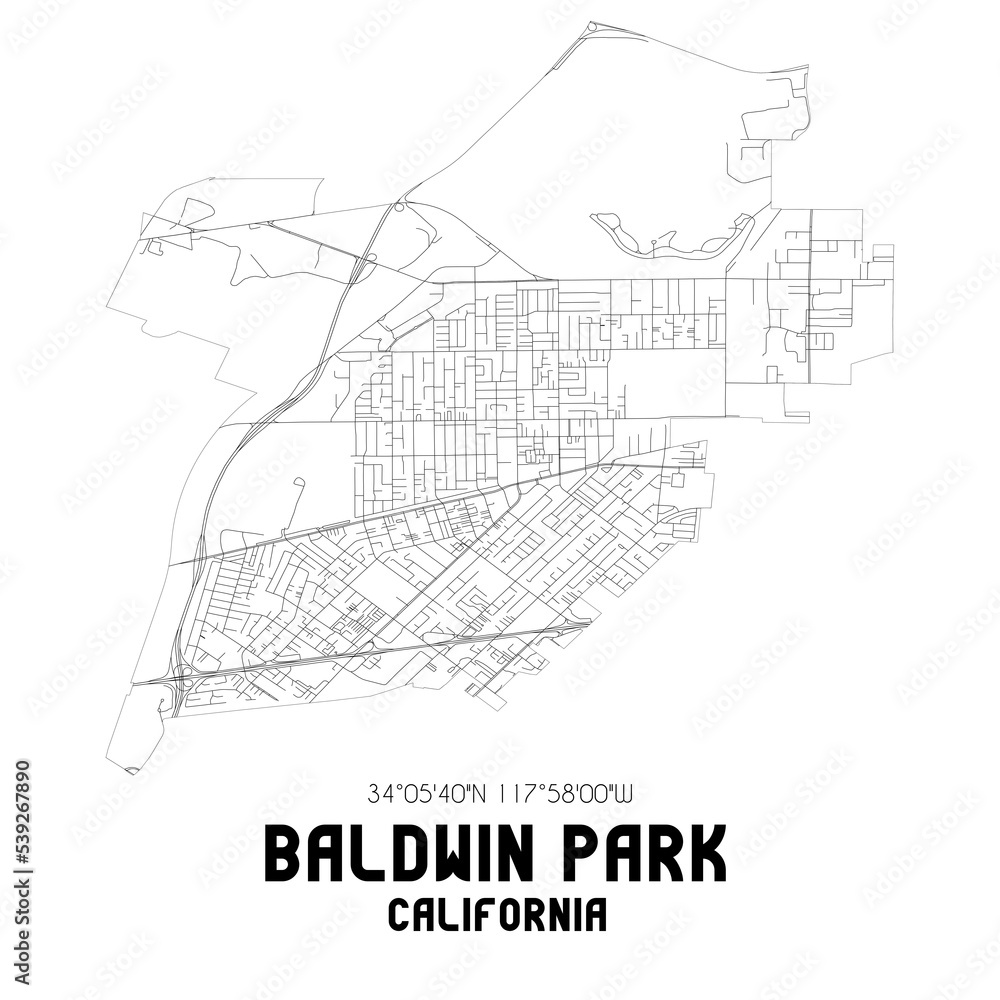 Baldwin Park California. US street map with black and white lines.