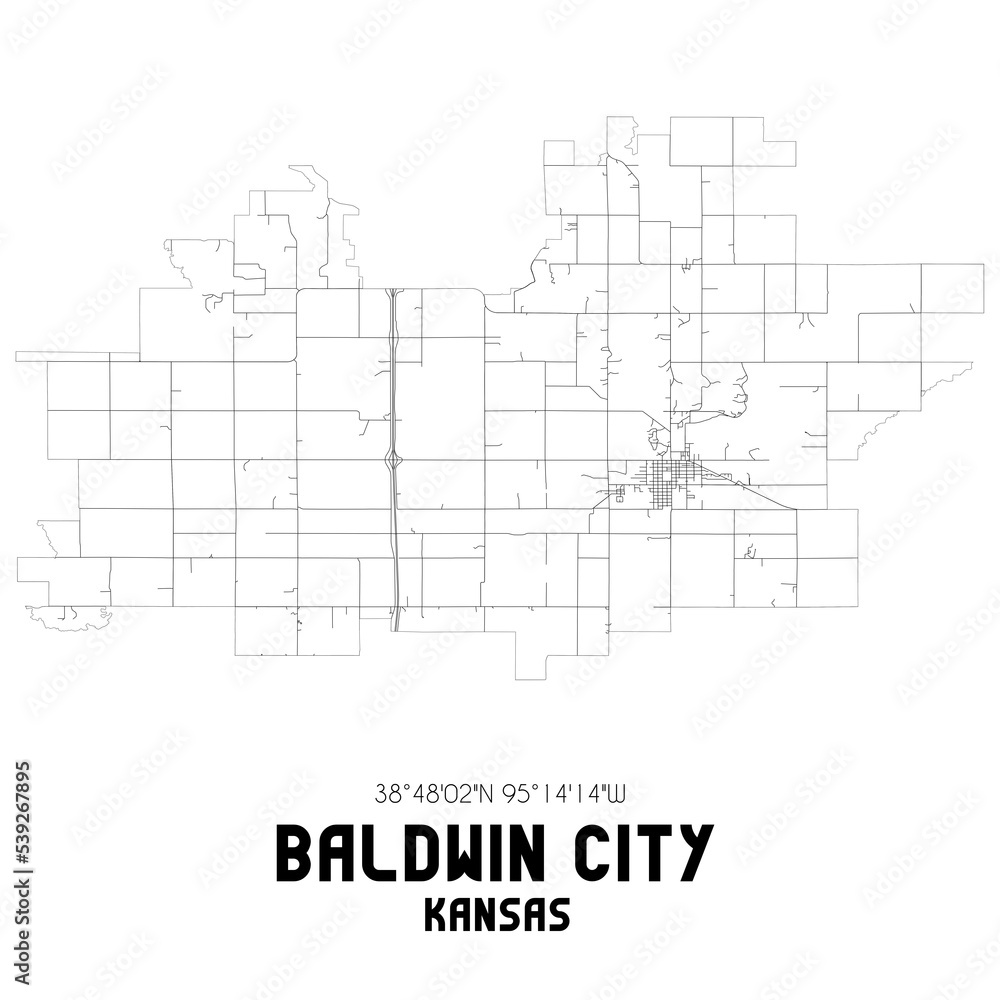 Baldwin City Kansas. US street map with black and white lines.
