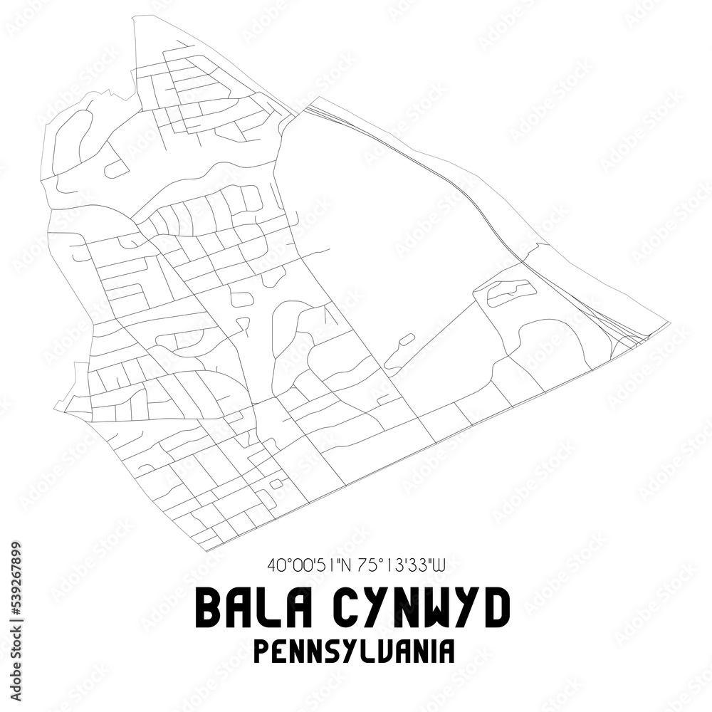 Bala Cynwyd Pennsylvania. US street map with black and white lines.