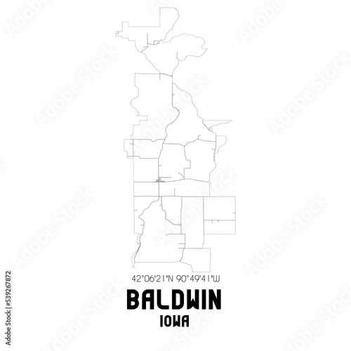 Baldwin Iowa. US street map with black and white lines.