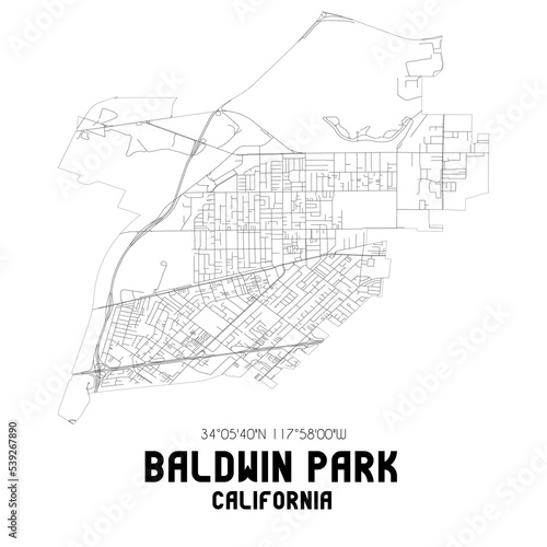 Baldwin Park California. US street map with black and white lines.