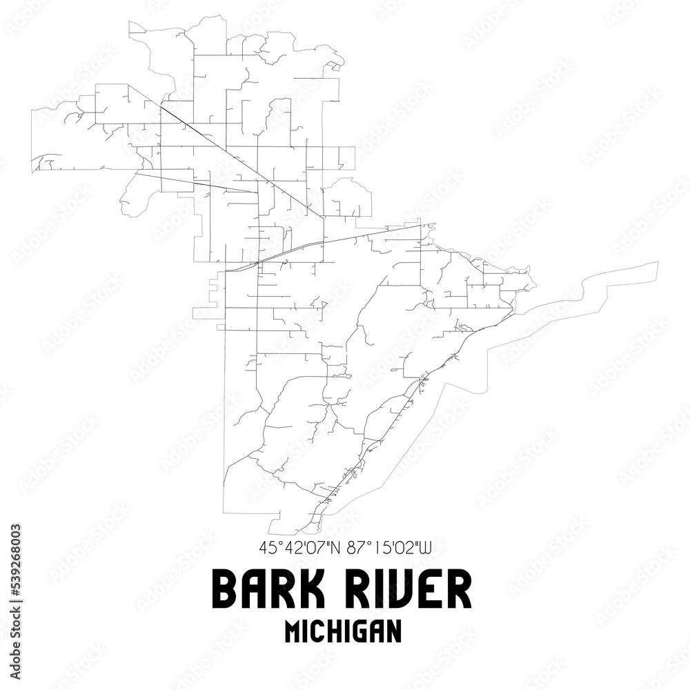 Bark River Michigan. US street map with black and white lines.