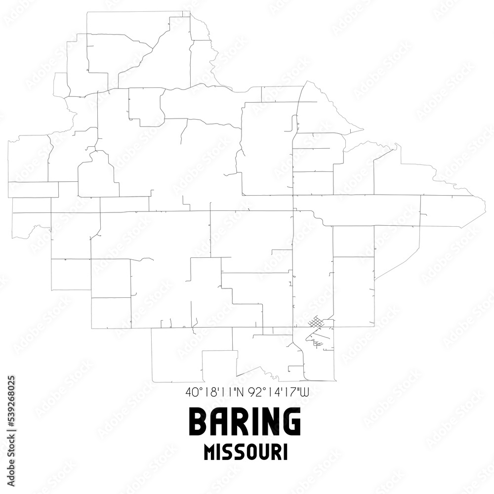 Baring Missouri. US street map with black and white lines.