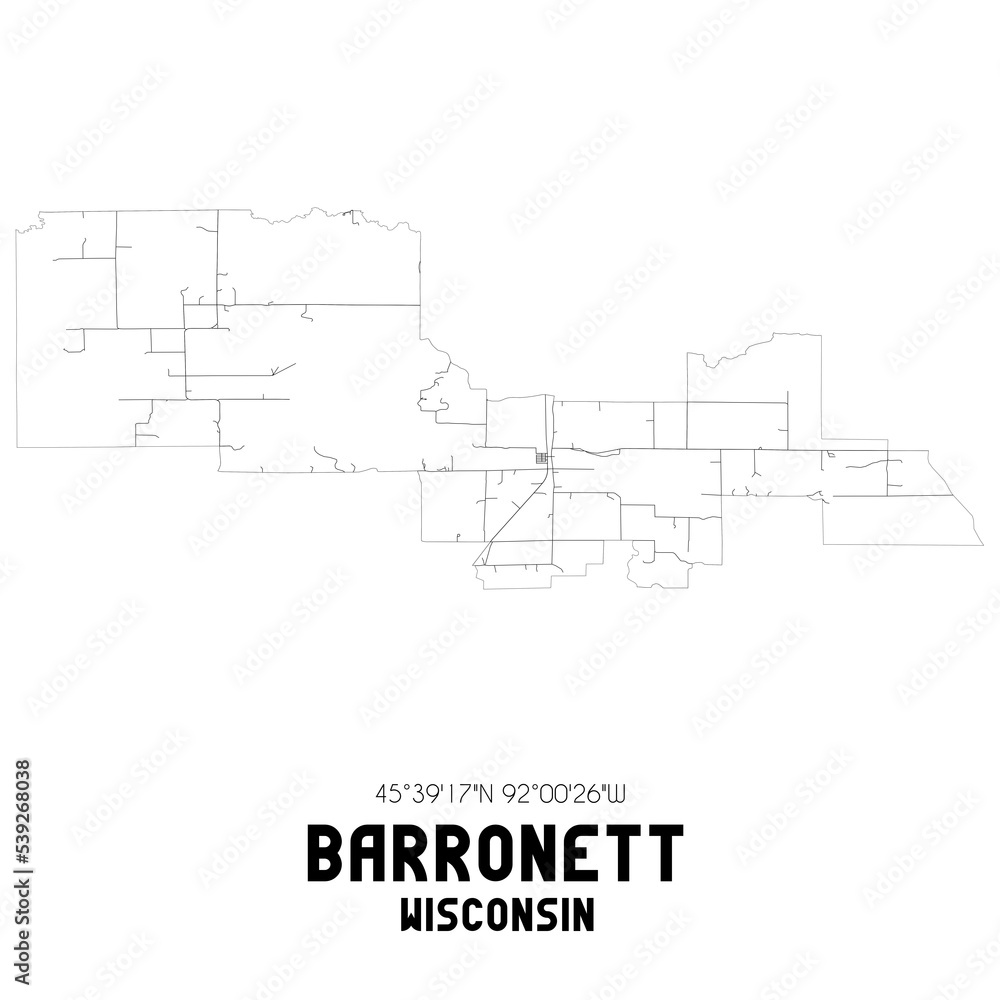 Barronett Wisconsin. US street map with black and white lines.