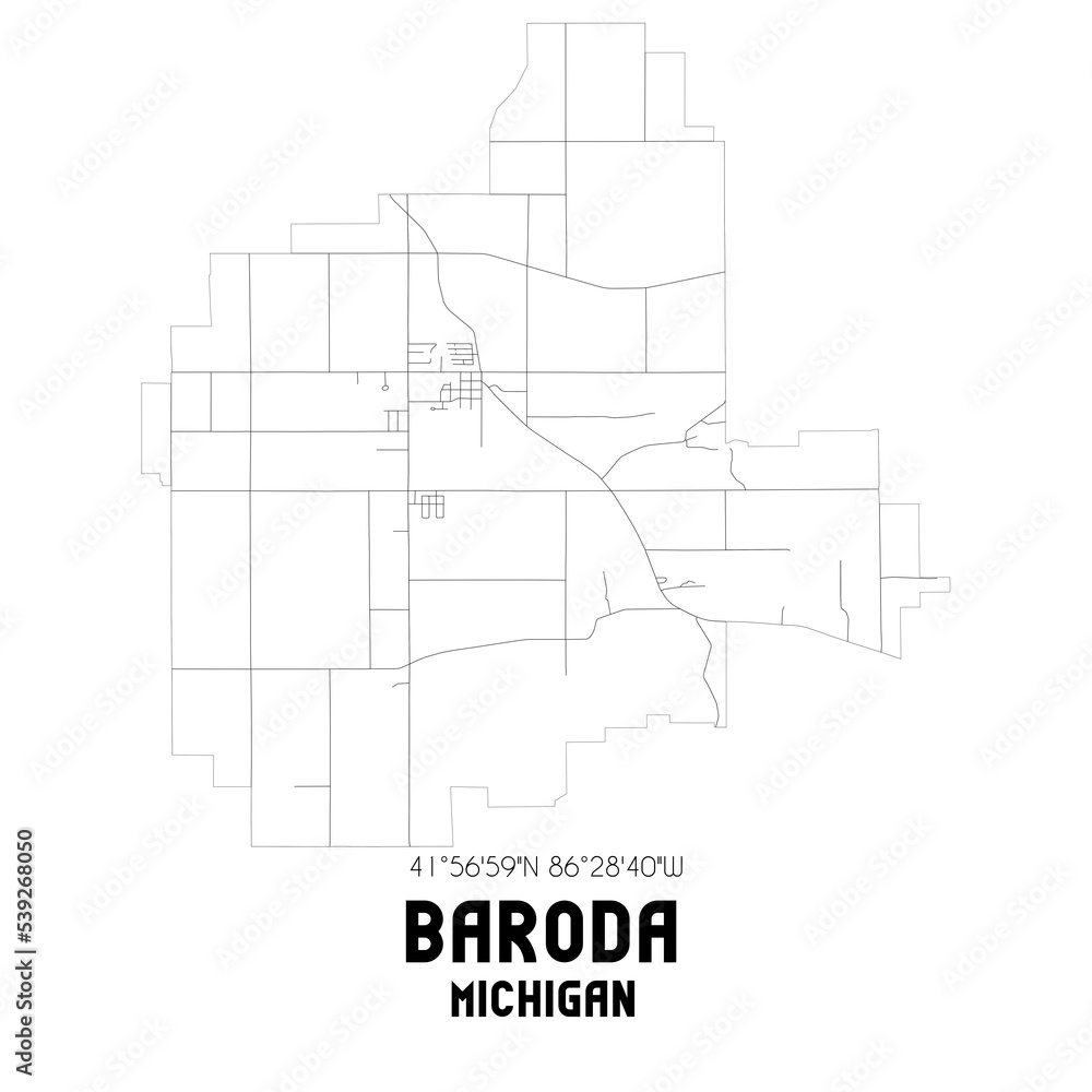 Baroda Michigan. US street map with black and white lines.