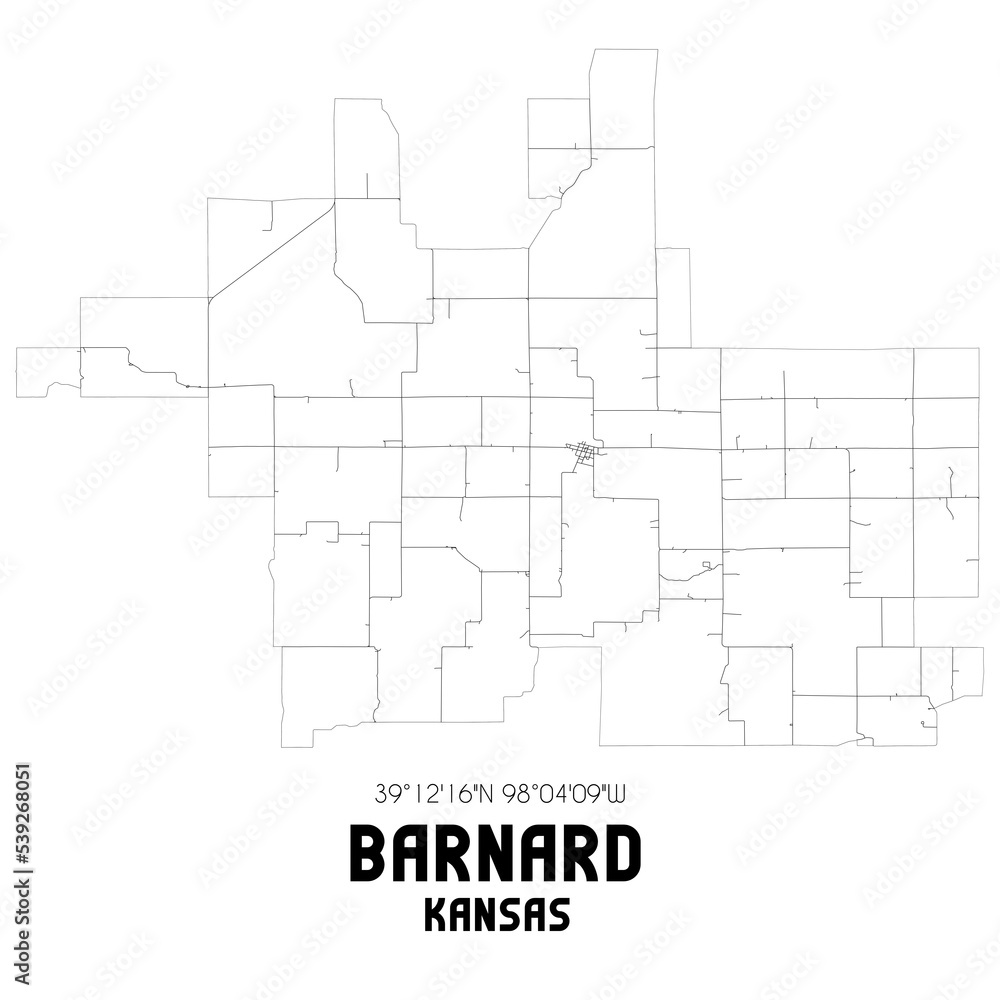 Barnard Kansas. US street map with black and white lines.