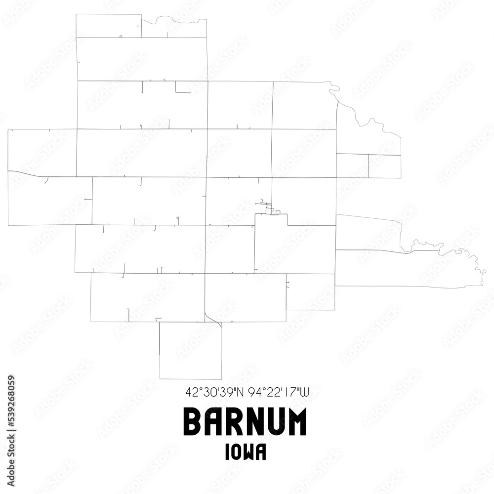 Barnum Iowa. US street map with black and white lines.