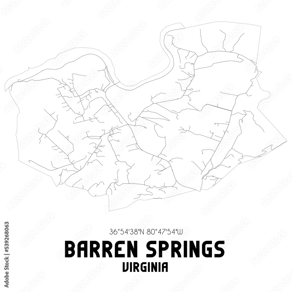 Barren Springs Virginia. US street map with black and white lines.