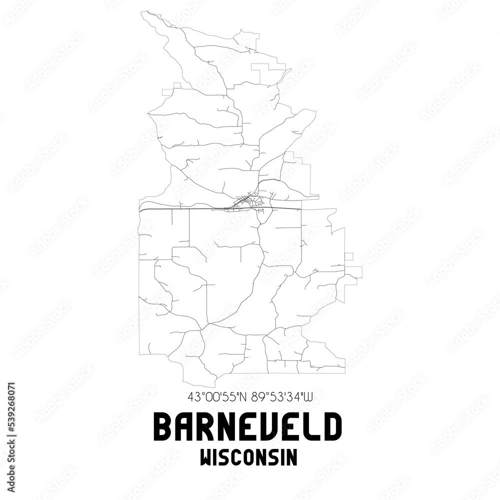 Barneveld Wisconsin. US street map with black and white lines.