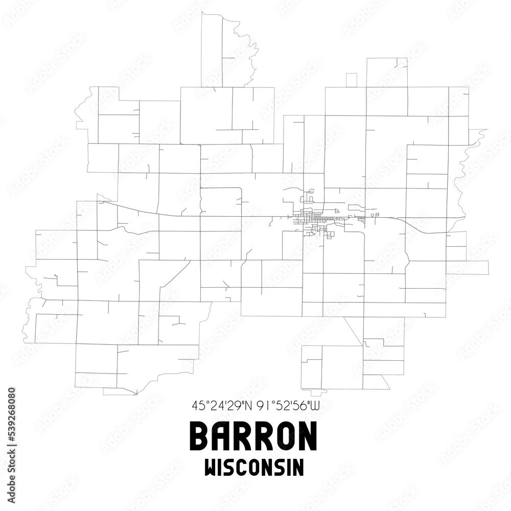 Barron Wisconsin. US street map with black and white lines.