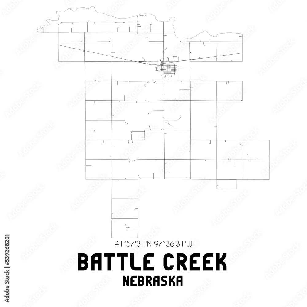 Battle Creek Nebraska. US street map with black and white lines.