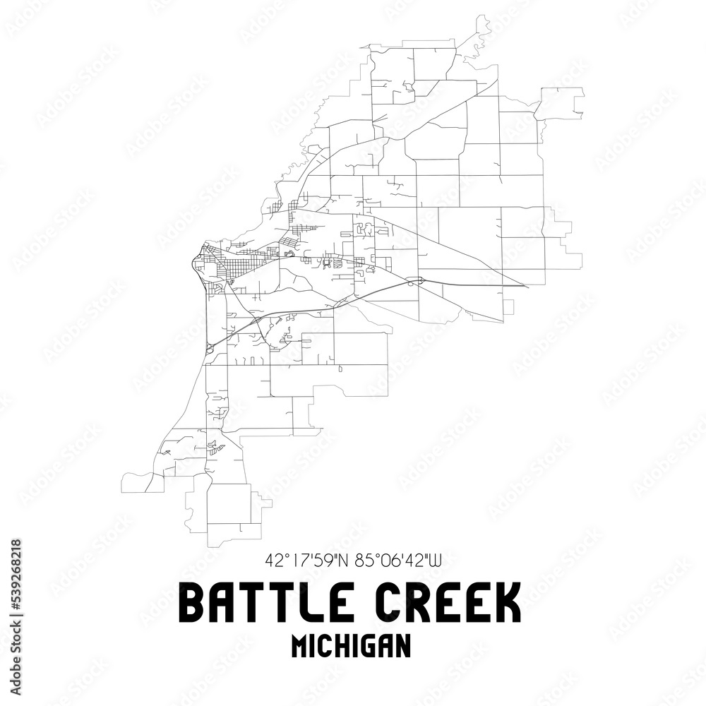 Fototapeta premium Battle Creek Michigan. US street map with black and white lines.
