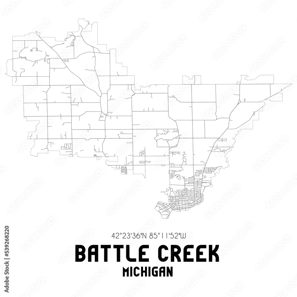 Battle Creek Michigan. US street map with black and white lines.