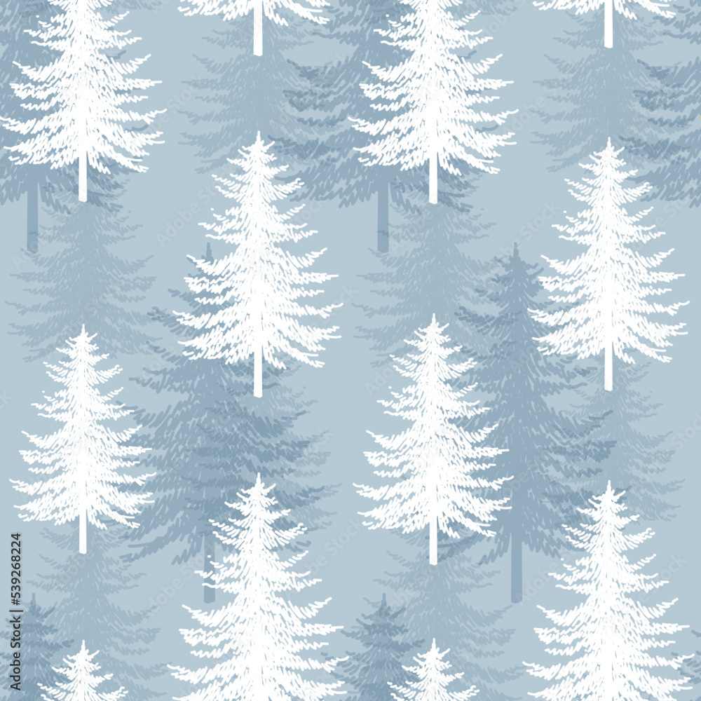 Obraz premium Christmas tree seamless vector pattern. Watercolor Noel firs print, winter frozen pine trees on blue background, wallpaper, wrapping paper design