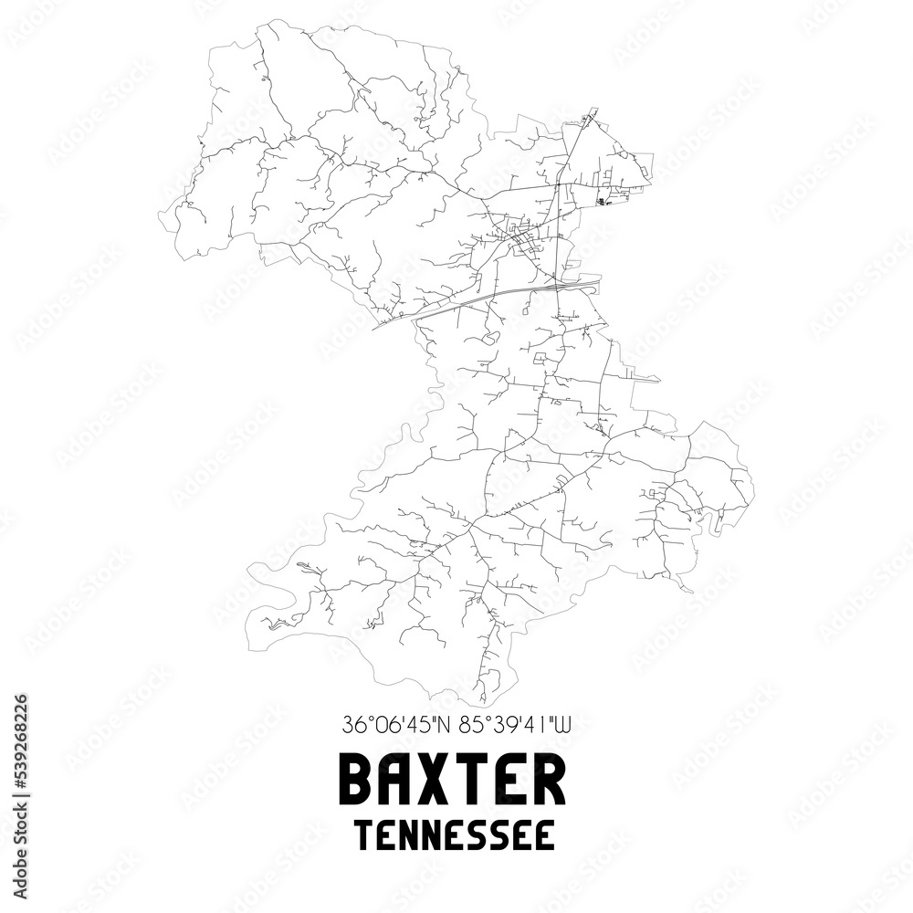 Baxter Tennessee. US street map with black and white lines.