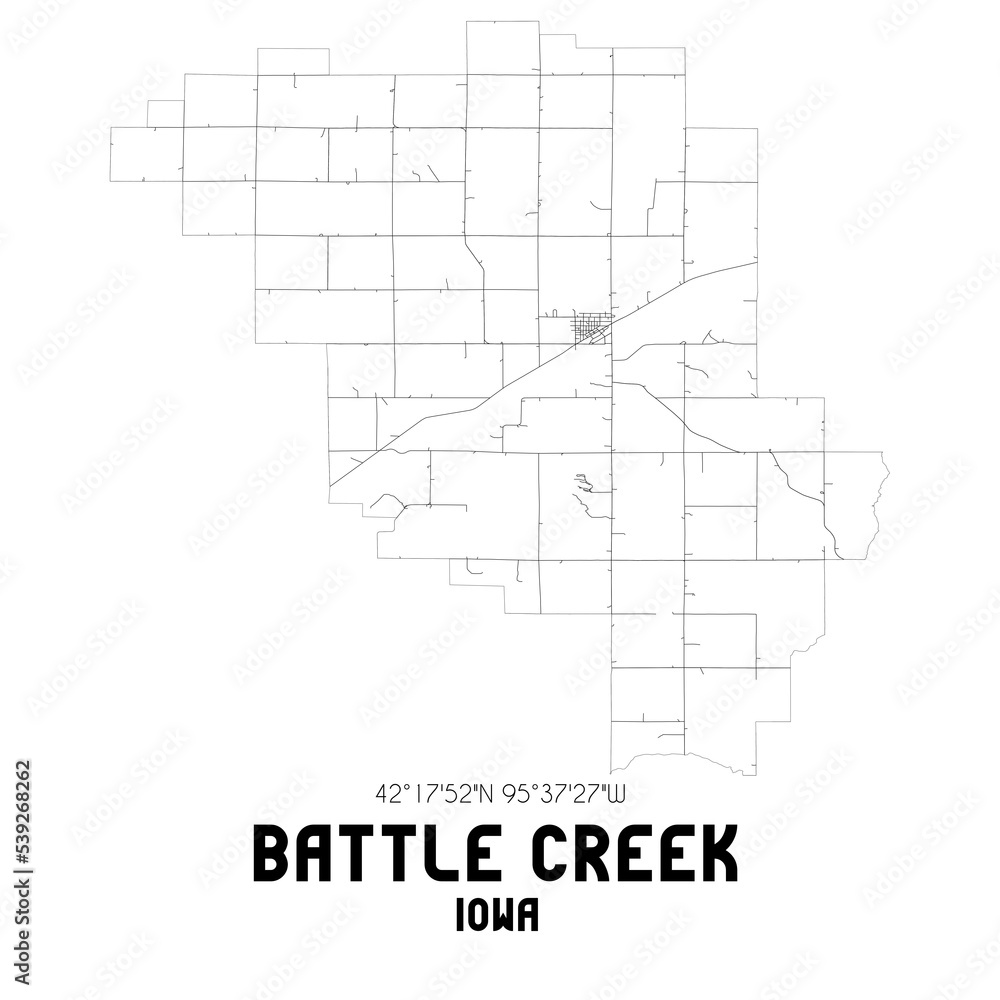 Battle Creek Iowa. US street map with black and white lines.