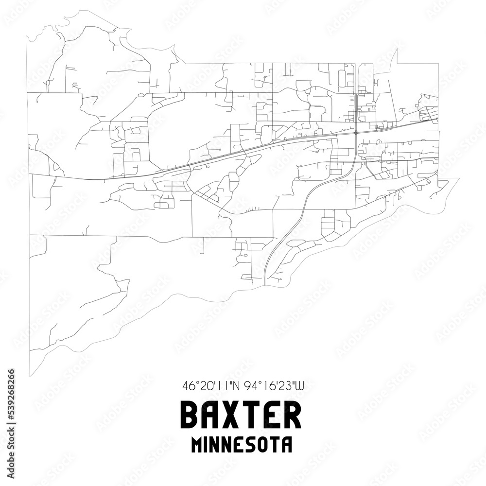 Baxter Minnesota. US street map with black and white lines.
