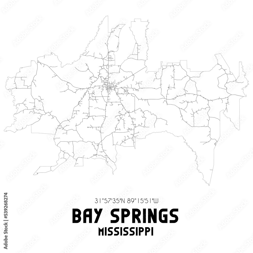 Bay Springs Mississippi. US street map with black and white lines.