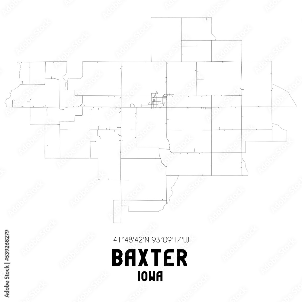 Baxter Iowa. US street map with black and white lines.
