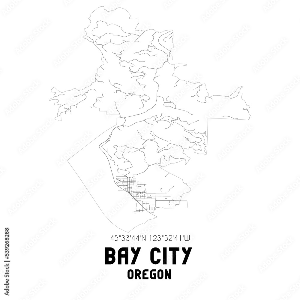 Bay City Oregon. US street map with black and white lines.
