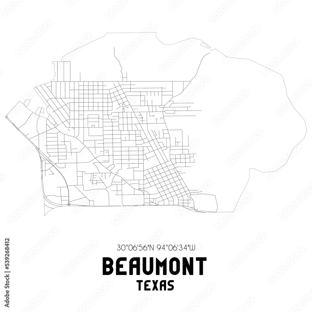 Beaumont Texas. US street map with black and white lines.