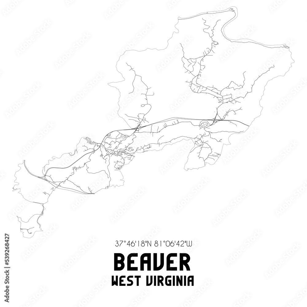 Beaver West Virginia. US street map with black and white lines.