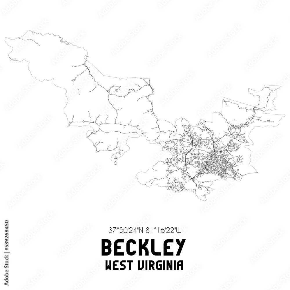 Beckley West Virginia. US street map with black and white lines.