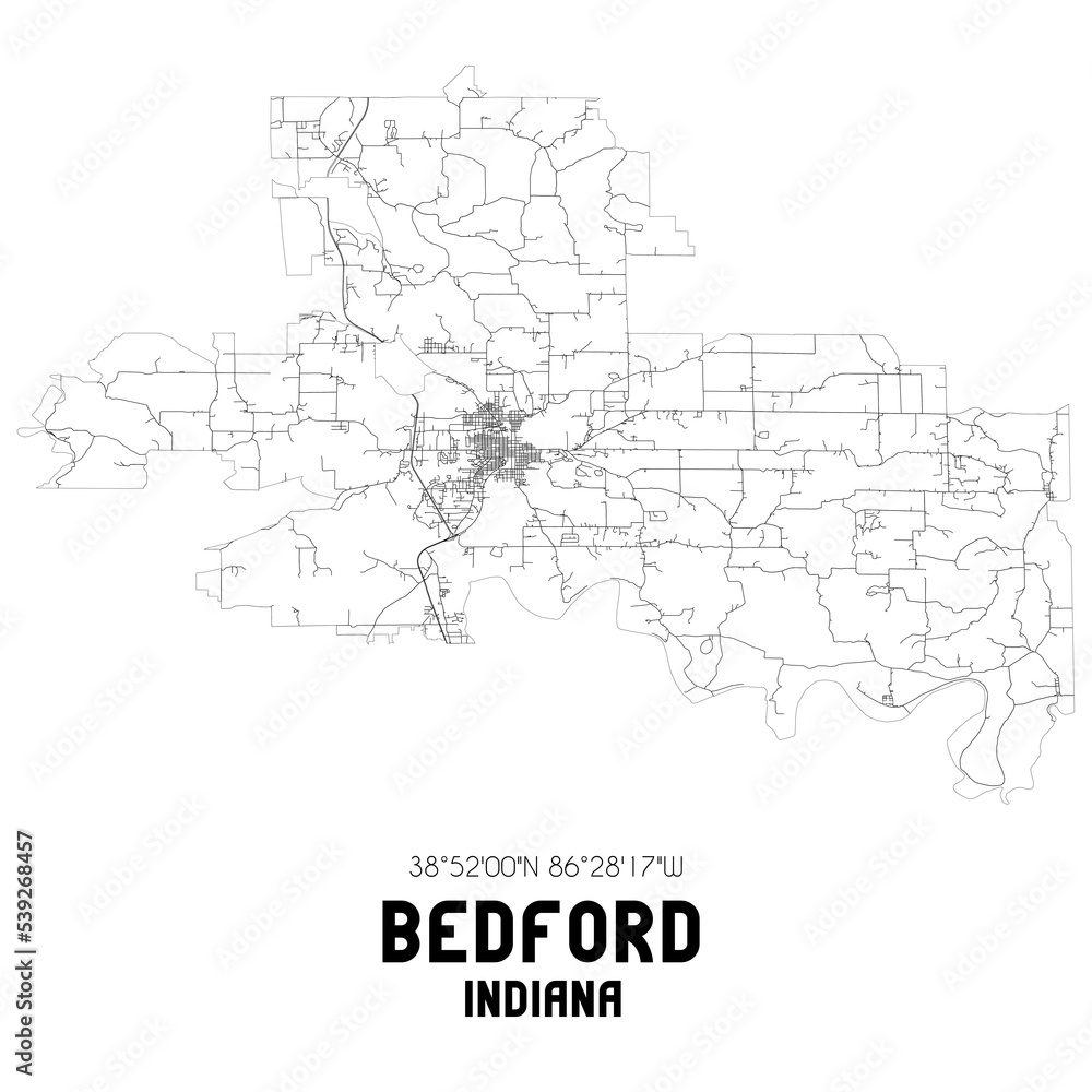 Bedford Indiana. US street map with black and white lines.