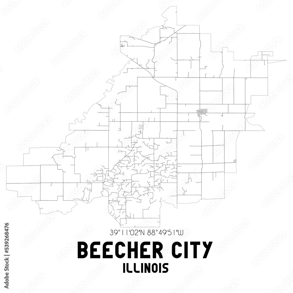 Beecher City Illinois. US street map with black and white lines. Beecher City Illinois. US street map with black and white lines.