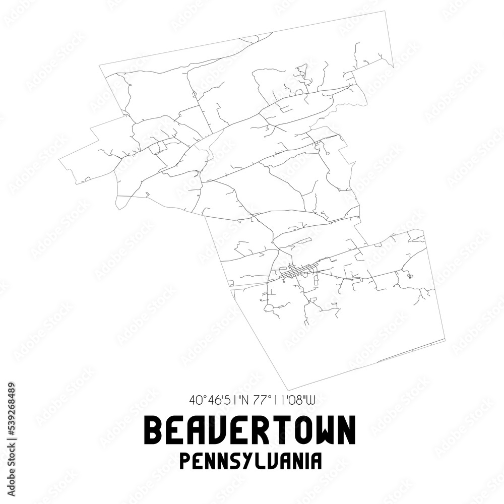Beavertown Pennsylvania. US street map with black and white lines.