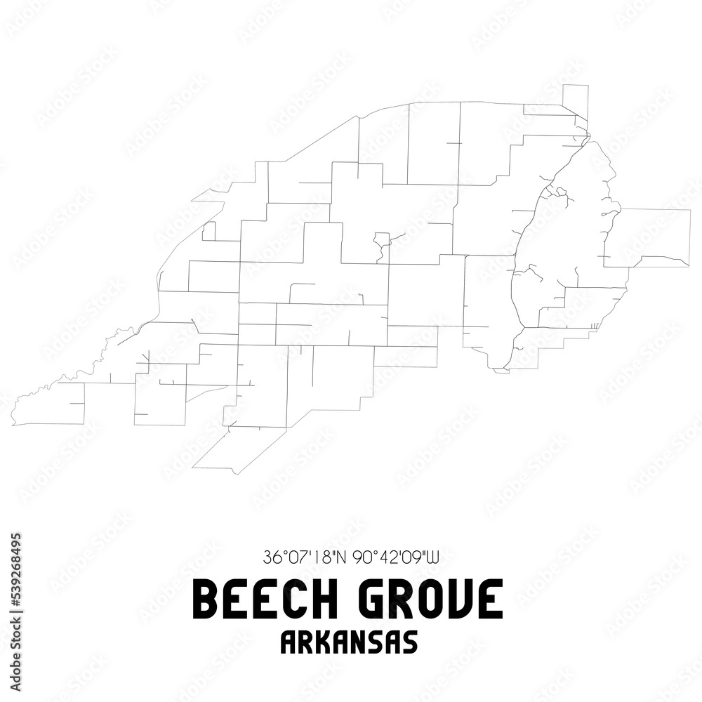 Beech Grove Arkansas. US street map with black and white lines.