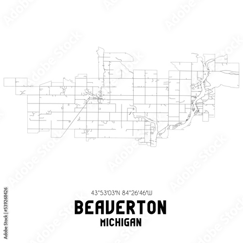 Beaverton Michigan. US street map with black and white lines.