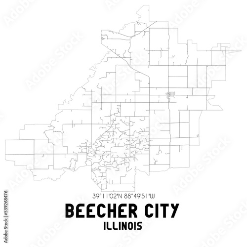 Beecher City Illinois. US street map with black and white lines.