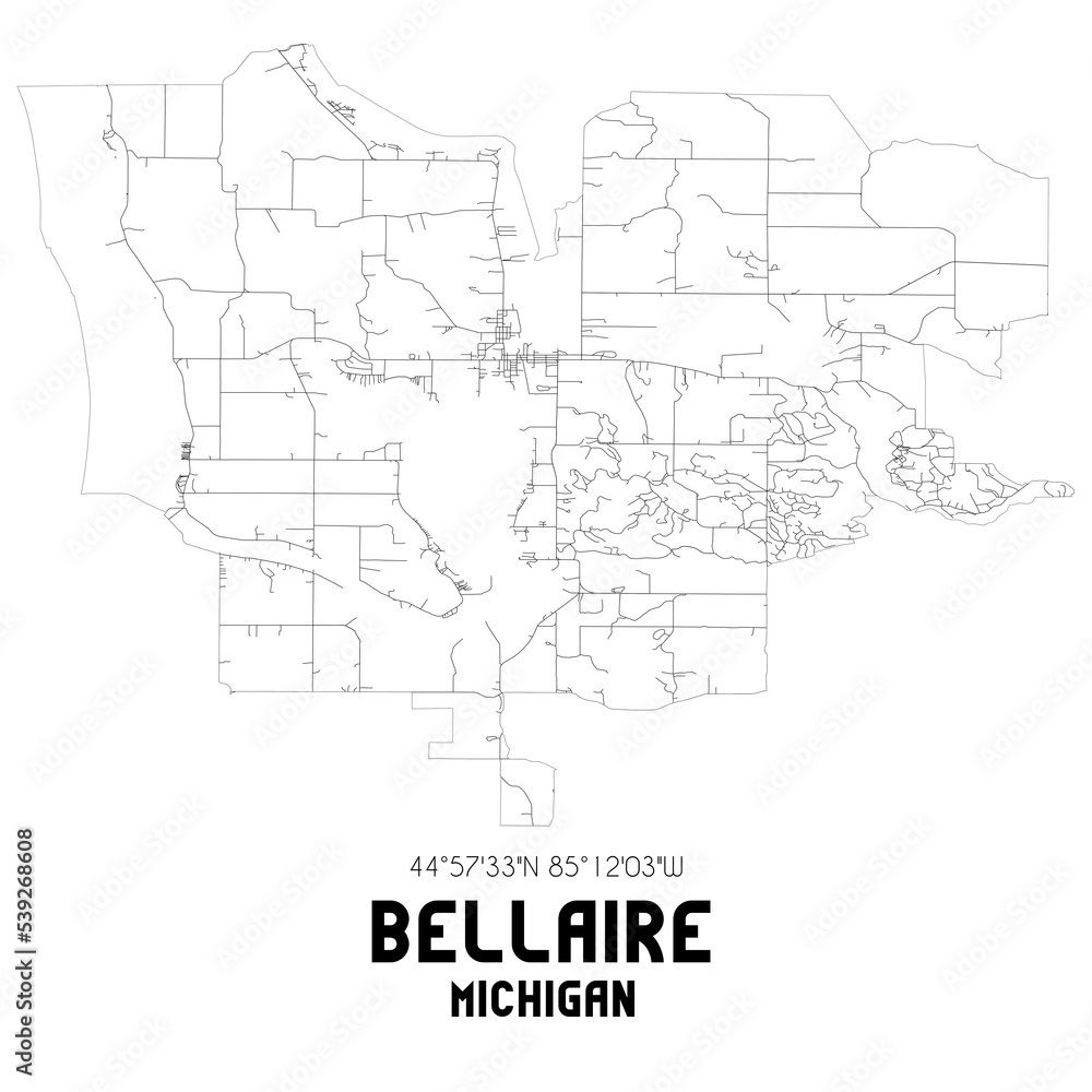Bellaire Michigan. US street map with black and white lines. Bellaire Michigan. US street map with black and white lines.