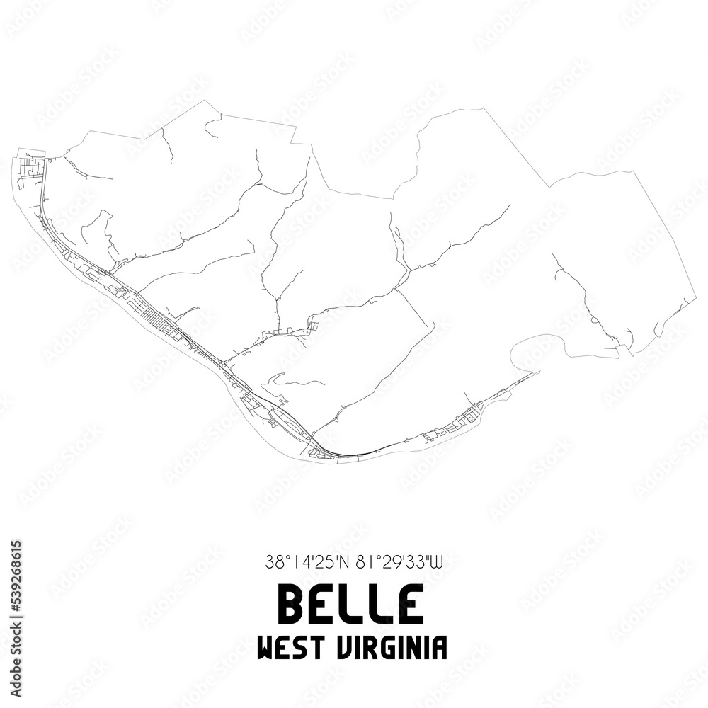 Belle West Virginia. US street map with black and white lines.