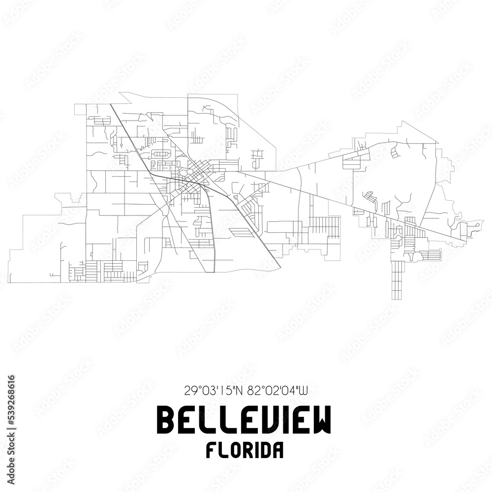 Belleview Florida. US street map with black and white lines.