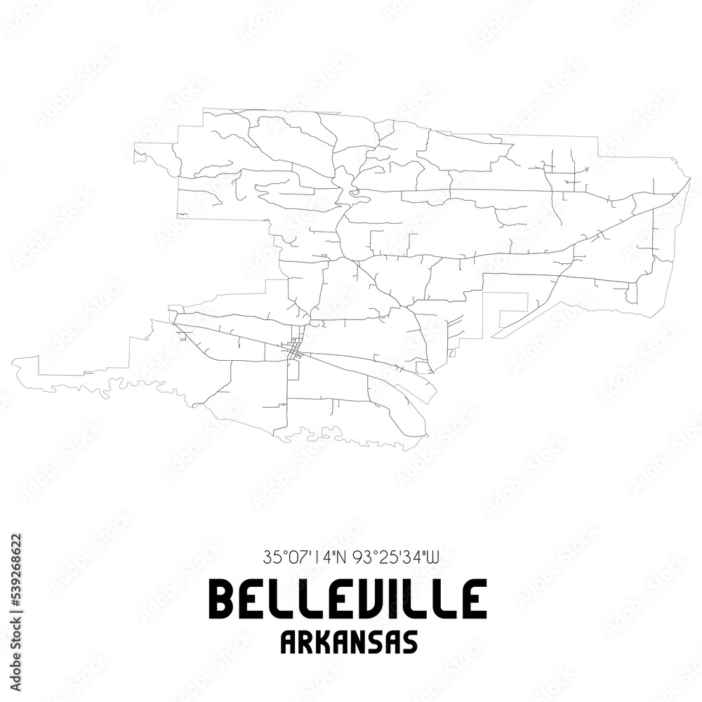 Belleville Arkansas. US street map with black and white lines.