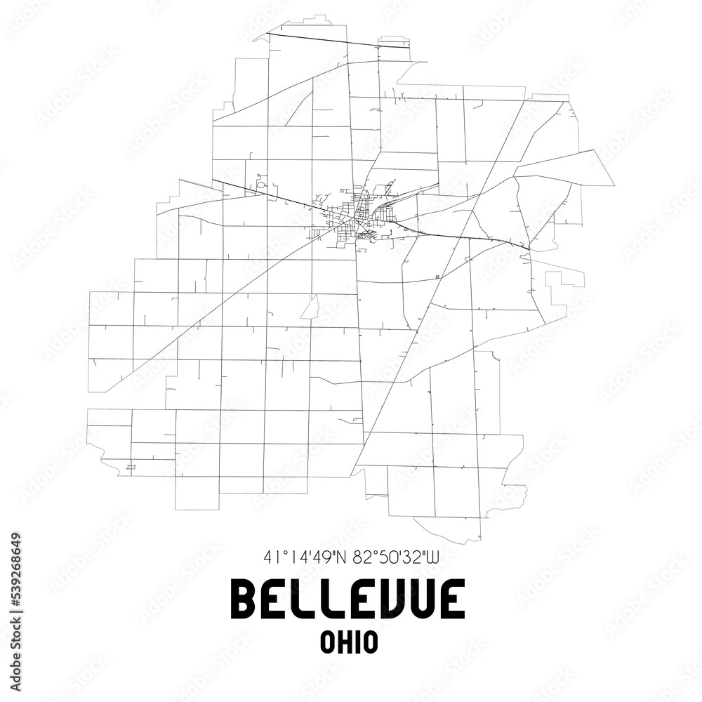 Bellevue Ohio. US street map with black and white lines.