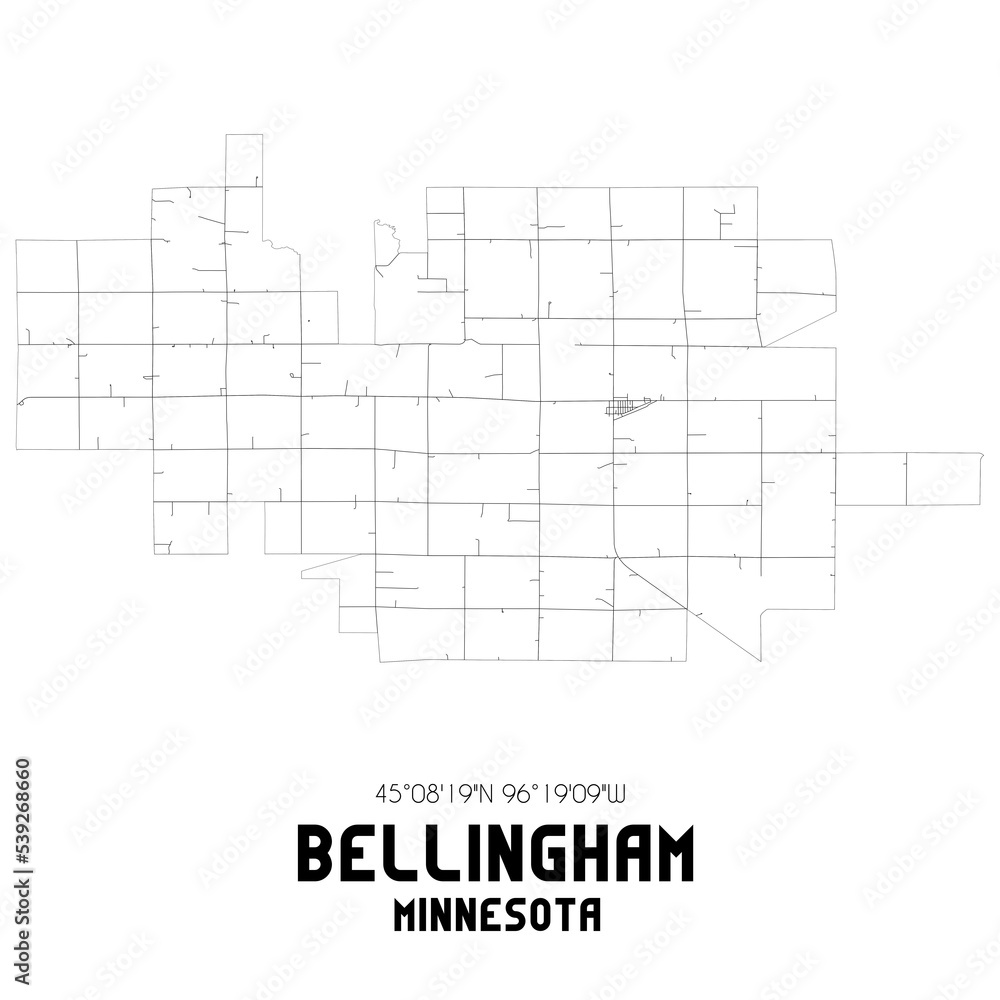 Bellingham Minnesota. US street map with black and white lines.