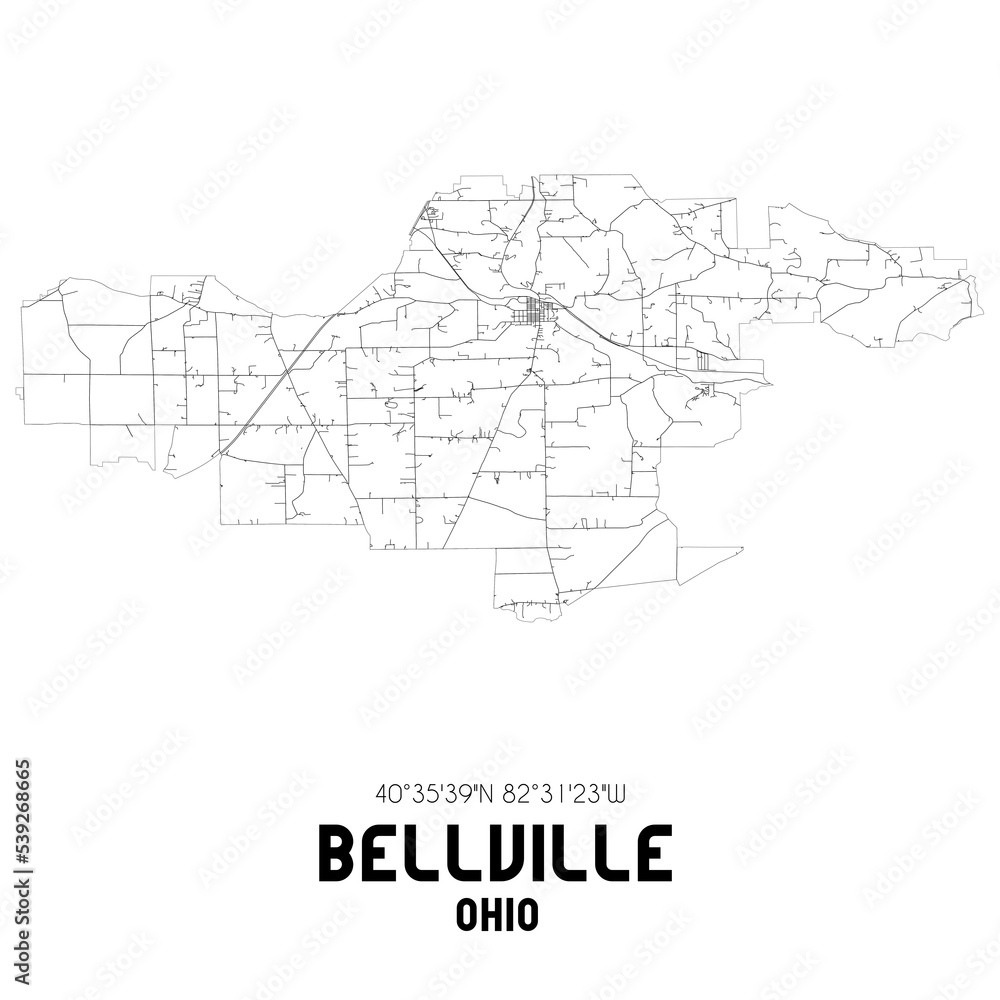 Bellville Ohio. US street map with black and white lines.