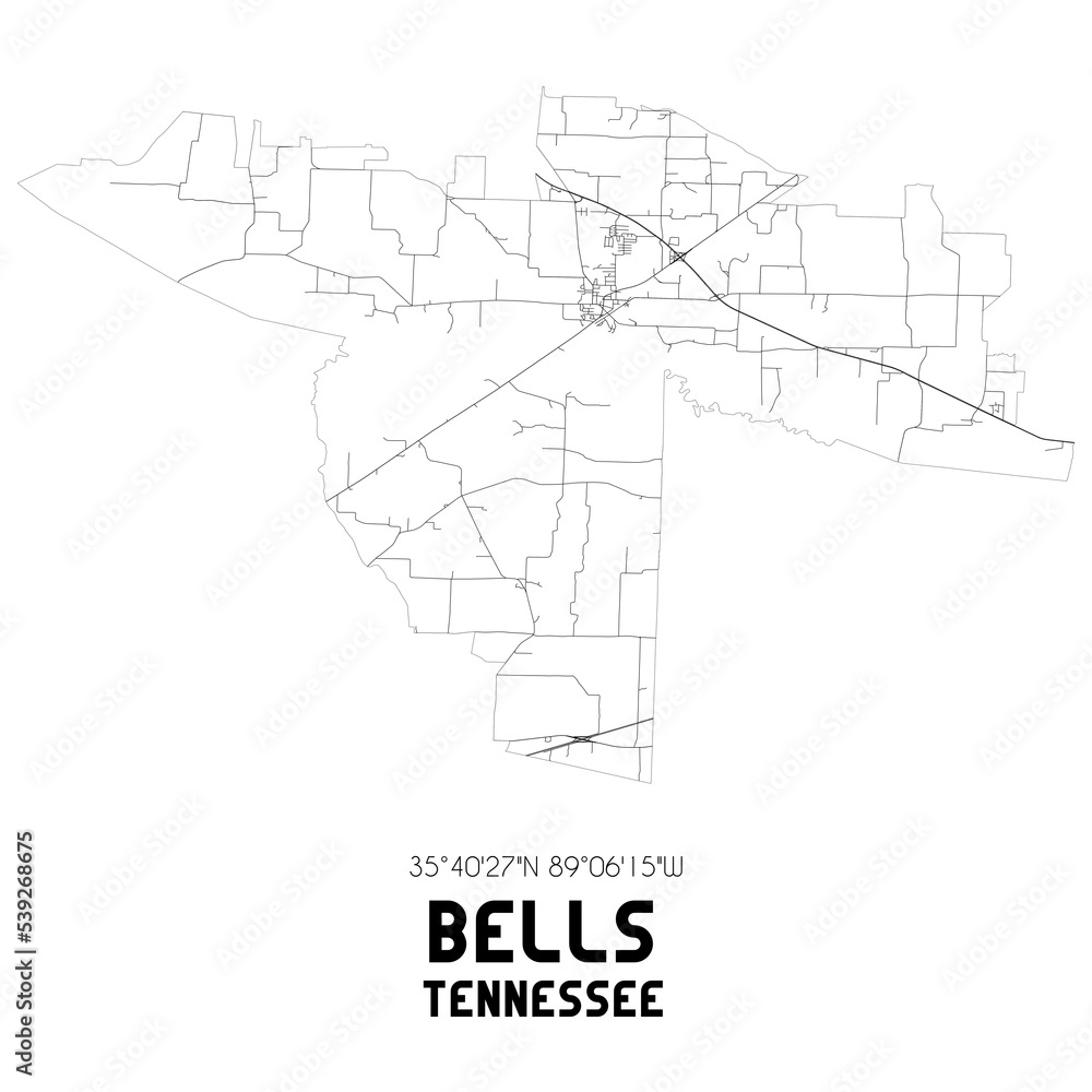 Bells Tennessee. US street map with black and white lines.