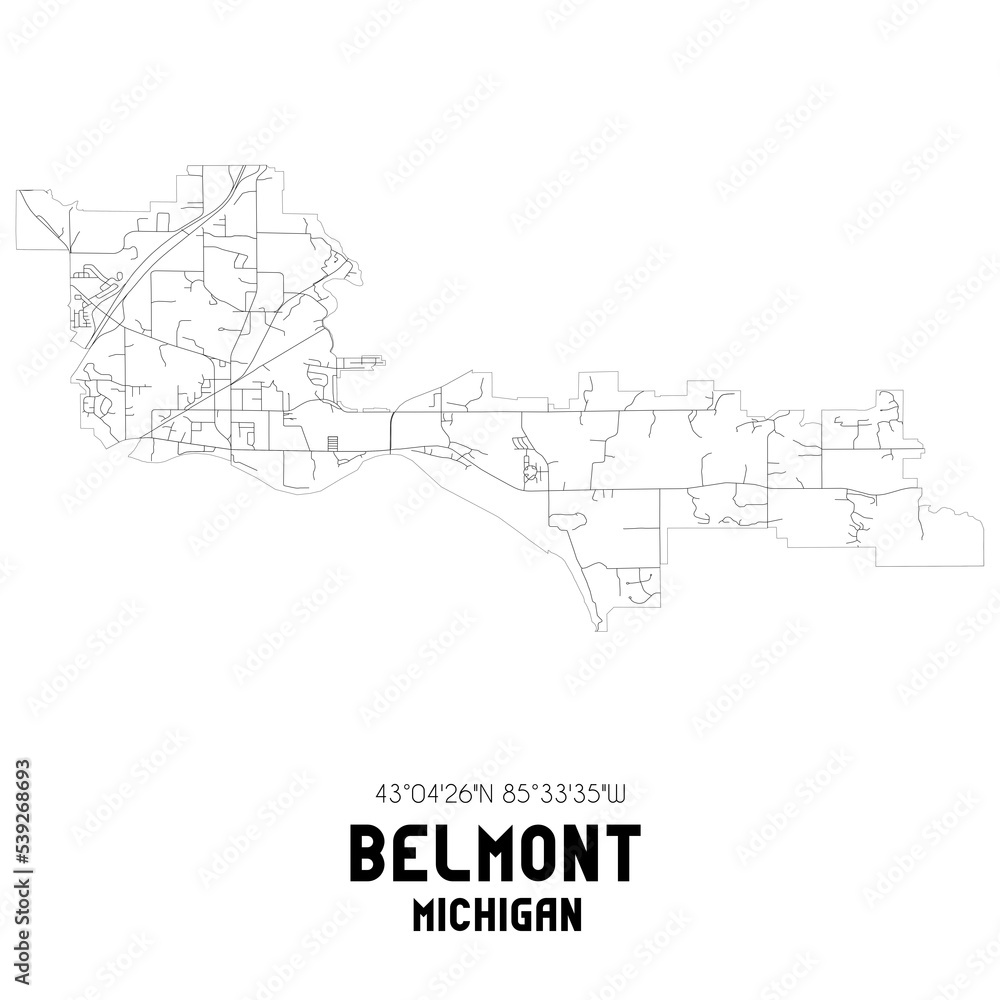 Belmont Michigan. US street map with black and white lines.