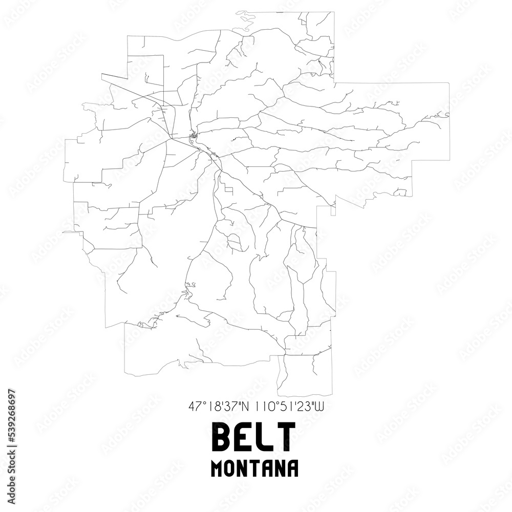 Belt Montana. US street map with black and white lines.