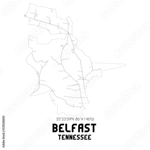 Belfast Tennessee. US street map with black and white lines.