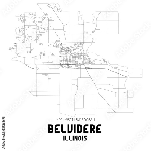 Belvidere Illinois. US street map with black and white lines.