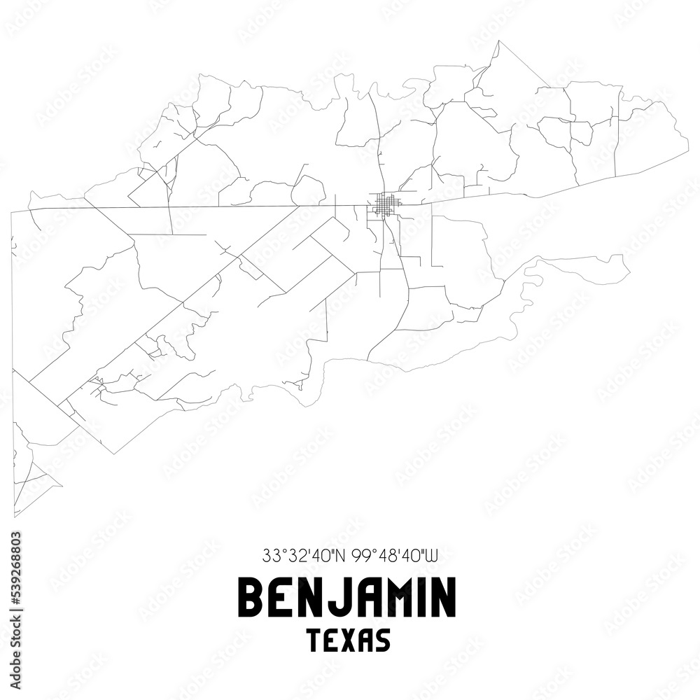 Benjamin Texas. US street map with black and white lines.