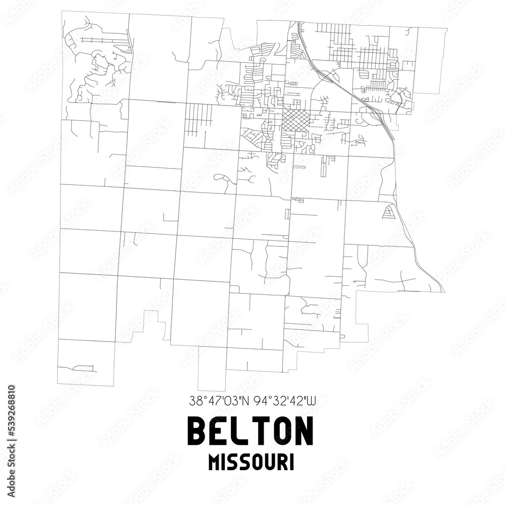 Belton Missouri. US street map with black and white lines.