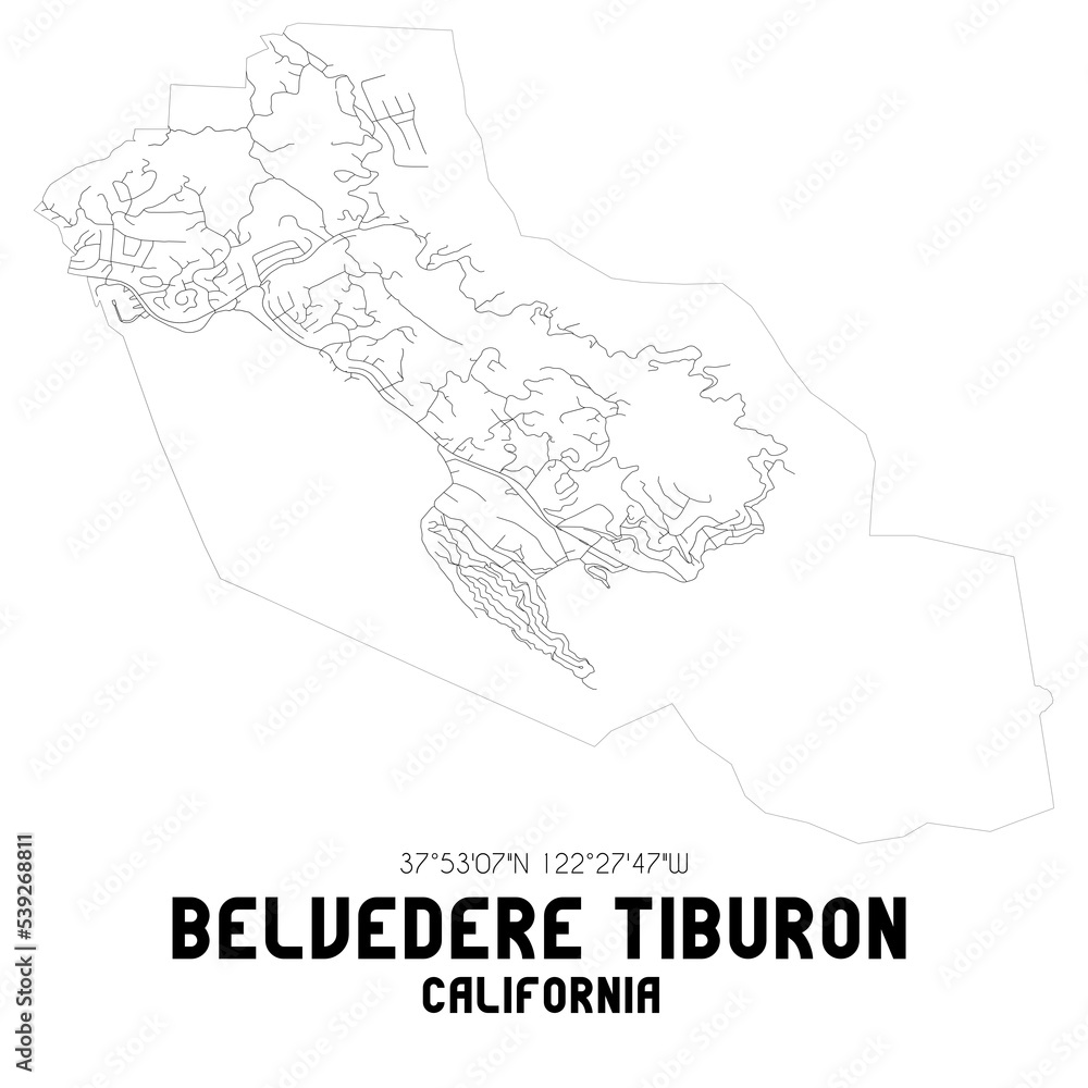 Belvedere Tiburon California. US street map with black and white lines.