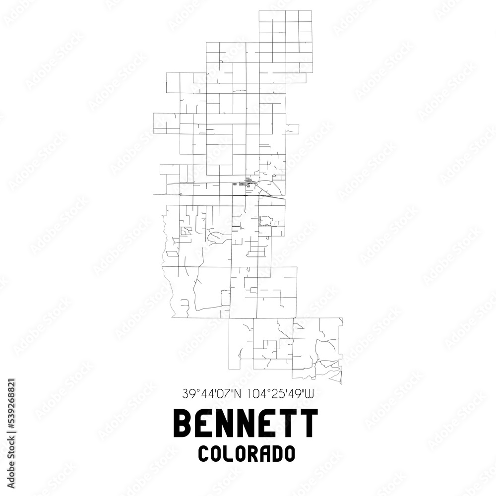 Bennett Colorado. US street map with black and white lines.