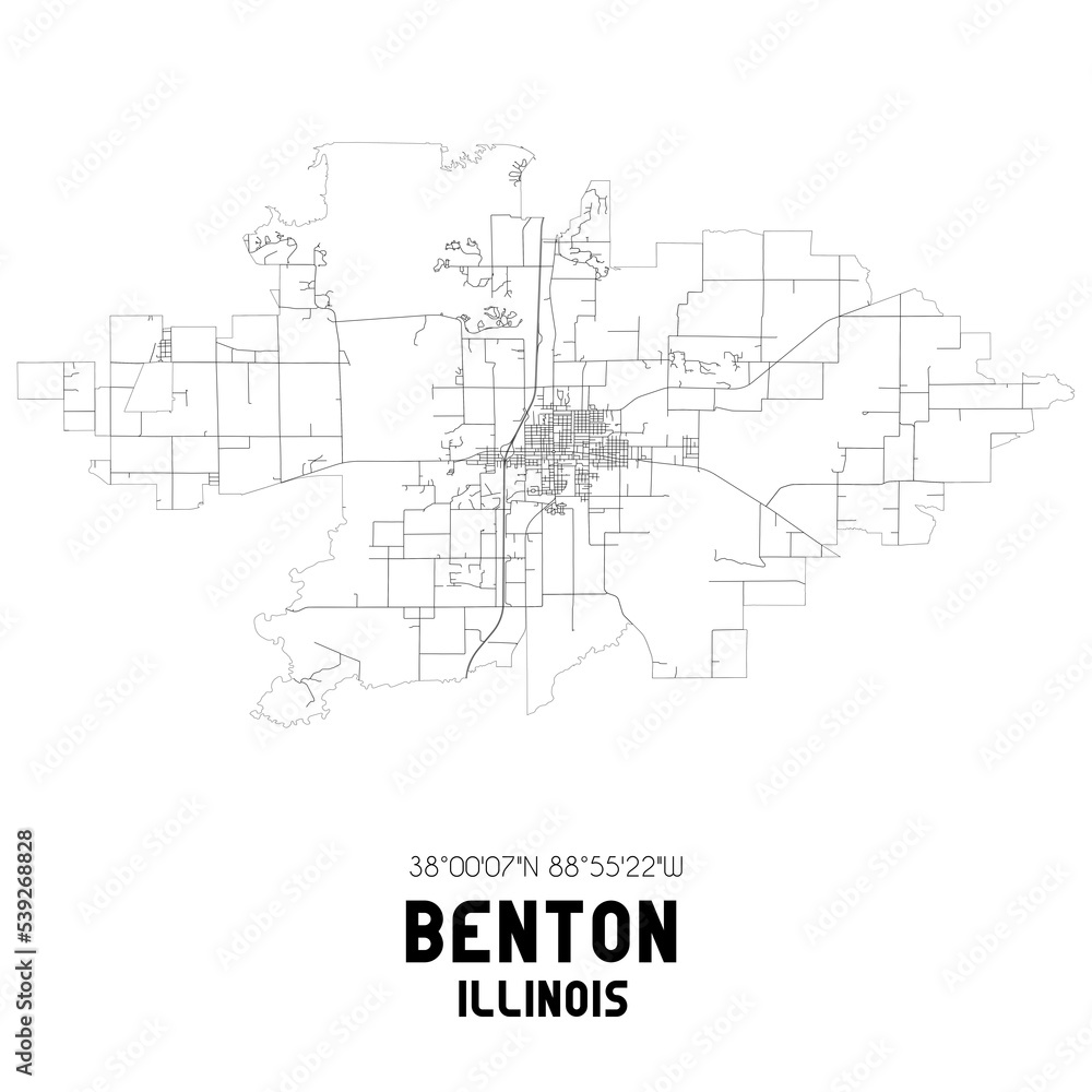 Benton Illinois. US street map with black and white lines.